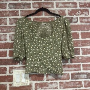 Reformation Cave Top Green Floral Puff Sleeve Smocked Crop Top Blouse Size 4